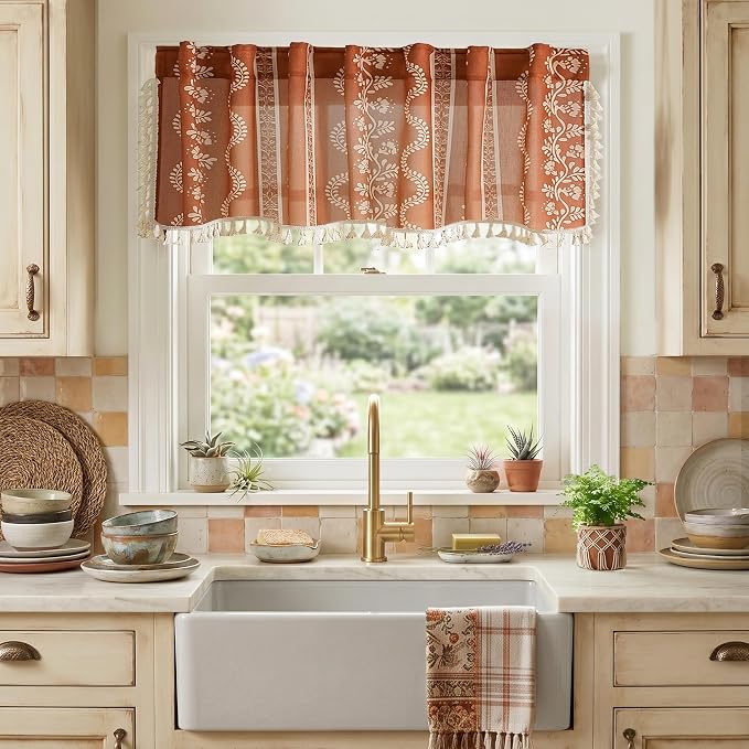 Boho Valances for Windows, Rustic Farmhouse Vintage Floral Sheer Valance Curtains for Small Window Kitchen Bathroom Living Room, 16" Long Rust Red