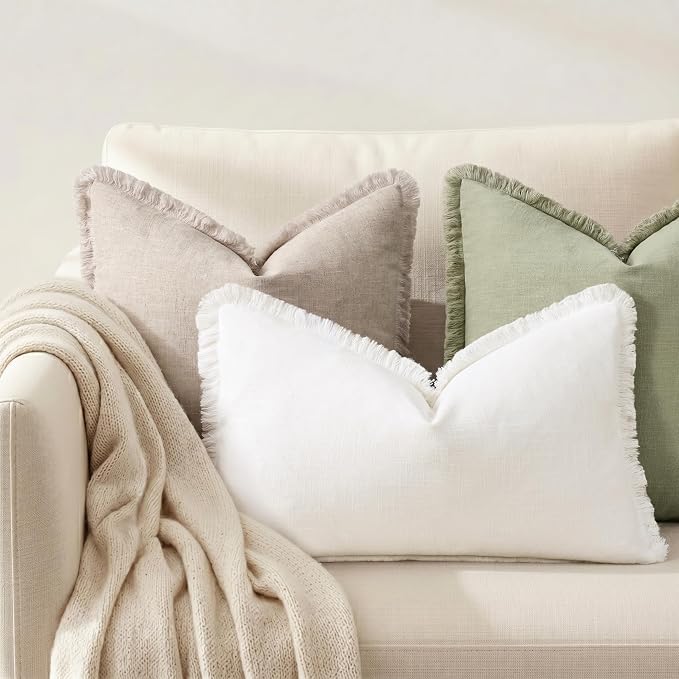 decorUhome Linen Fringe Lumbar Throw Pillow Covers Set of 2 Decorative Cream White Pillow Covers with Tassels Soft Accent Boho Farmhouse Pillow Cases for Couch Bed Sofa 12x20 Inch
