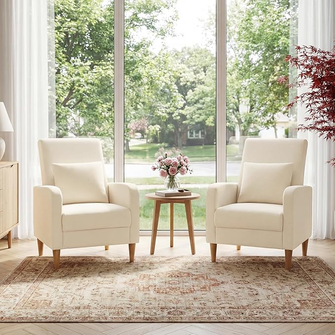 COLAMY Mid-Century Modern Accent Chairs Set of 2, Fabric Upholstered Living Room Chairs with Back Pillow & Solid Wood Legs, Comfy Armchair for Living Room, Bedroom, Beige