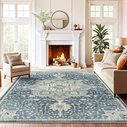 AMADA HOMEFURNISHING Washable Area Rugs, Low-Profile Washable Rug with Non-Slip Backing & Durable Edge Binding, Vintage Rugs for Living Room, Bedroom, Dinning Room (6x9, Blue/Yellow)