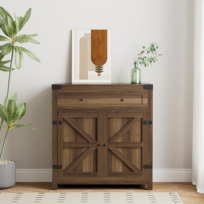 YESHOMY Farmhouse Coffee Bar Cabinet Sideboards, with Barn Doors, Spacious Drawer, Adjustable Interior Shelf, Generous Top Surface, for Kitchen, Bathroom, Entryway, Living Room, Rustic Brown