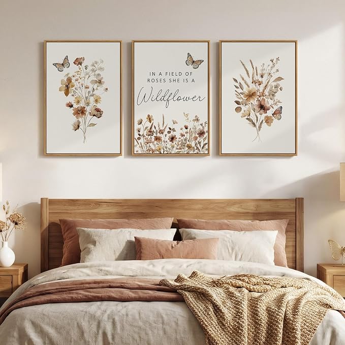 Framed Farmhouse Wildflower Floral Wall Art for Bedroom, 3 Piece Neutral Botanical Canvas Prints Painting, Rustic Flower Picture Wall Decor for Living Room Hallway Nursery Girls Room, 16x24 Inch