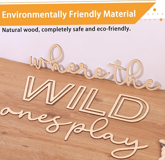 Playroom Wall Decor, 40“ XXL Where The Wild Ones Play Nursery Sign Wooden Wall Art Decoration for Kids Toddler Room Decor Boys and Girls Home Bedroom Word Sign (Wood - Natual Color)