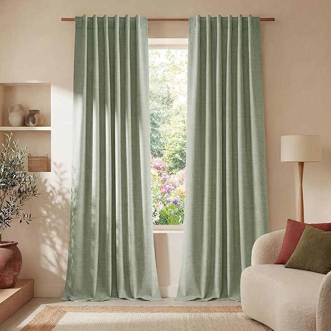 NICETOWN Farmhouse Linen Textured 100% Blackout Curtains 2 Panels, Hook Belt/Back Tab/Pocket Thermal Insulated Room Darkening Window Treatments for Bedroom, Sage Green, 52" W x 90" L