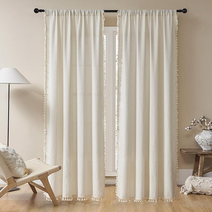 Joydeco Beige Boho Curtains 108 Inches Long 2 Panels, Super Soft Bohemian Farmhouse Curtains with Tassels, Semi Sheer Light Filtering Drapes for Bedroom Living Room (Rod Pocket, 52Wx108L)
