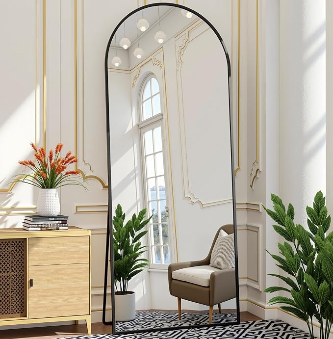 Prywot Arched Floor Mirror, 57 "x 20" Full Length Mirror Wall Mirrors Hanging or Leaning Arched-Top Full Body Mirrors with Stand for Bedroom, Dressing Room, Black