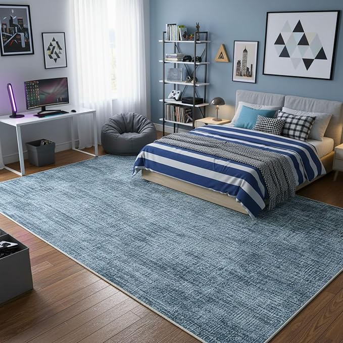 Ottomanson Living Room Area Rug 7'10" x 8' – Non-Slip Soft Rug, Easy to Clean Low Pile Carpet for Bedroom, Dining Room or Office, Solid Greyish Blue