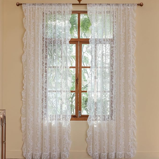 TUDECO White Ruffle Curtains - Boho Flower Sheer Lace Curtains for Dining Room - Shabby Chic Flowy Privacy Coquette Decor - Rod Pocket - 2 Panels, 59 x 96 Inch