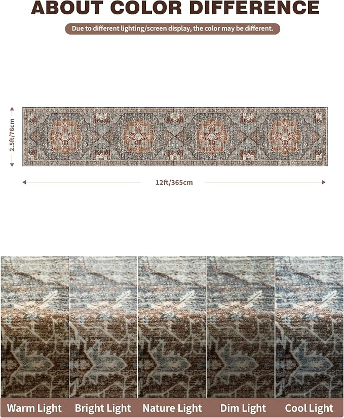 Washable Runner Rug 2.6x12 Runners for Hallways, Ultra-Thin Carpet Runners for Entryway, Non Slip Backing Runner Rugs for Kitchen Laundry Room Indoor Hallway (Grey/Brown/Tan)