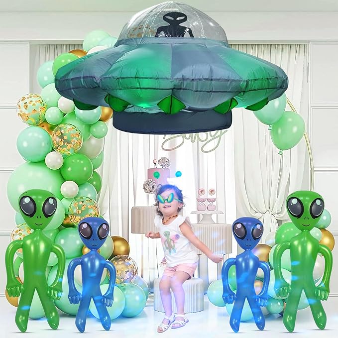 Alien Party Decorations 4.2FT Hanging UFO Cow Abduction Inflatable Alien Inflatable UFO Halloween Blow Up Built-in Green LED Blue&White Flashing Light with Cow Outdoor Indoor Home Garden Lawn Decor