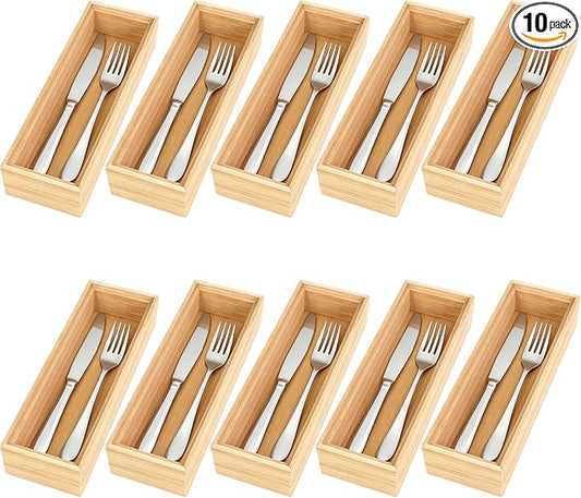 10 Pcs Bamboo Drawer Organizer 9 x 3 x 2 Inch Stackable Bamboo Silverware Tray Wooden Utensil Storage Box Small Gadget Holder for Kitchen Bathroom and Vanity