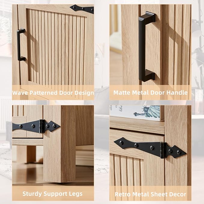 Joaxswe Boho Fluted Nightstand Set of 2 for Bedroom, 18" Rustic Night Stand with Charging Station, Modern Accent Bedside Tables with Open Storage Shelf & Door, Wooden End Table for Home, Natural Oak