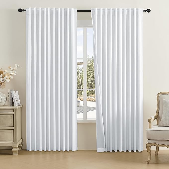 DUALIFE 100% Linen Blackout Curtains for Ceiling Track System Back Tab, Loop Pocket Curtains 84 Inch Wide Pinch Pleated Drapes for Patio Sliding Glass Door, Greyish White,W84x L96, 2 Panels