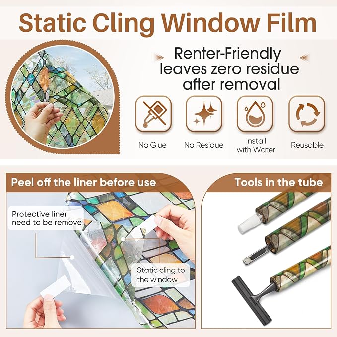 Window Privacy Film, Stained Glass Static Cling Rainbow Stickers 17.5" x 78.7"Decorative Lattice Window Film Removable with Tools, UV Block Heat Control 3D Vinyl Covering Non-Adhesive for Home Door