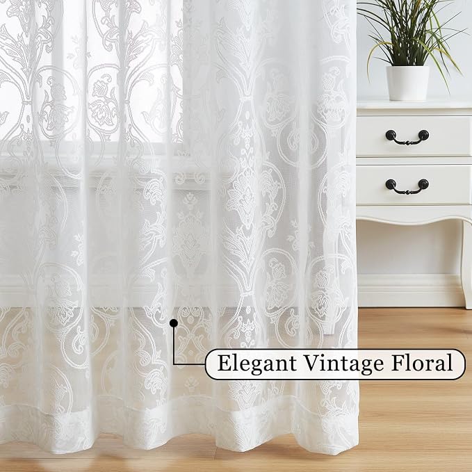 Treatmentex Lace Sheer Curtains Vintage Damask Knitted European Floral Damask White Sheer Curtains for Living Room Victorian Bedroom Kitchen 54" W by 95" L 2 Panels Rod Pocket