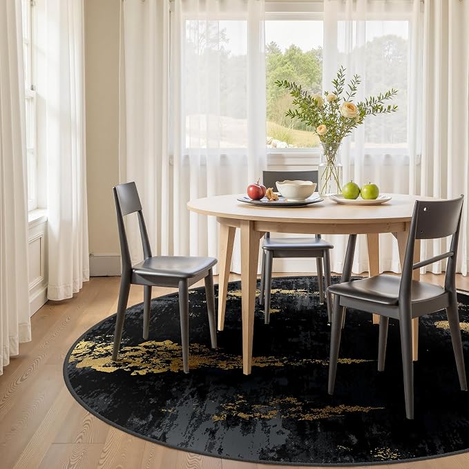 RELEANY Washable Area Rugs 6ft Non-Slip Modern Abstract Soft for Living Room Entryway Bedroom Kitchen, Print Pattern, Dark Black Gold