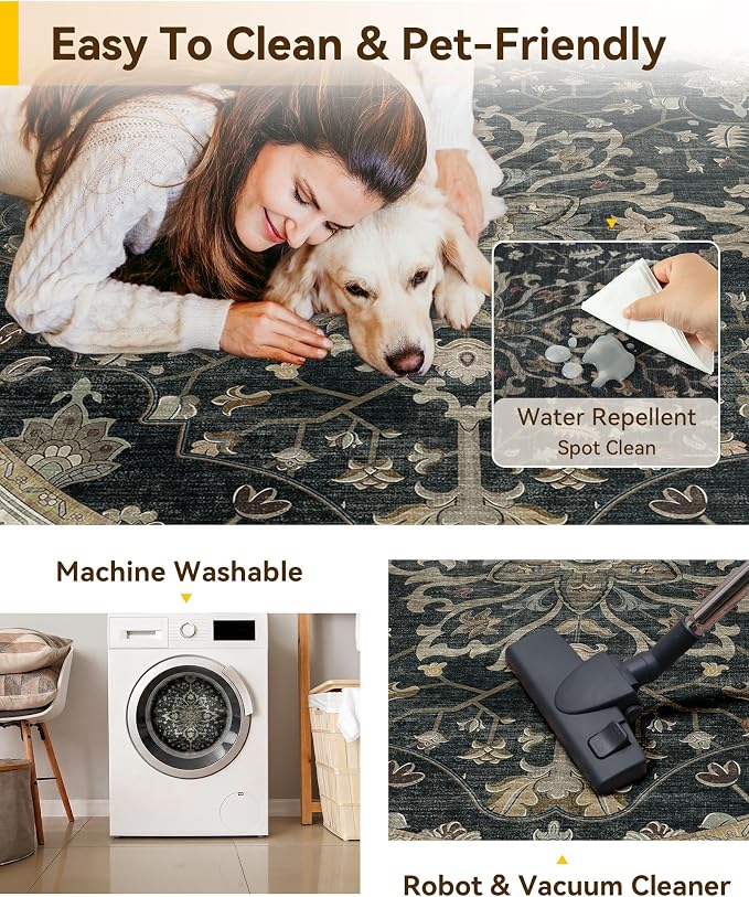 RELEANY Area Rugs Round 6ft Washable Non-Slip, Floral Vintage Distress Medallion Carpet for Living Room Bedroom Dining Room, Vintage Black Brown Neutral