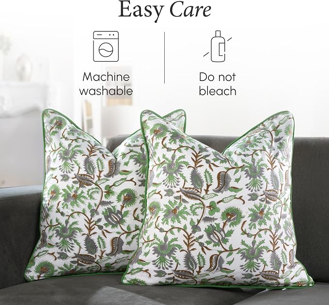 CPC 100% Cotton Throw Pillow Covers 18x18 Inch, Set of 2 Green Block Print Pattern Couch Pillow, Cute Boho Decorative Pillows for Living Room, Bedroom with Hidden Zipper- Mint Leaf