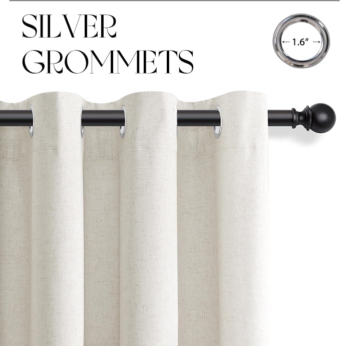 Jowels Beige White Linen Blackout Curtains 108 Length 2 Panels Set for Living Room Bedroom, 100% Black Out Thermal Insulated Linen Drapes, Room Darkening Grommet Curtains 108 Inches Long