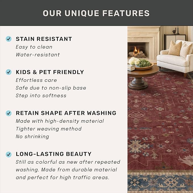 Hazo Haus Oriental 8x10 Large Area Rugs for Living Room - Burgundy Rug for Bedroom Under Bed, Dining Room Under Kitchen Table, Washable Soft Non Slip Unique Indoor Décor