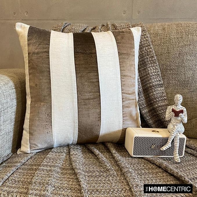 The HomeCentric Pillow Cases, Brown Pack of 2, 24x24 inch (60x60 cm) Throw Pillows, Velvet Patchwork Throw Pillows for Couch, Striped Modern Style Easter - Velvet Band Choco