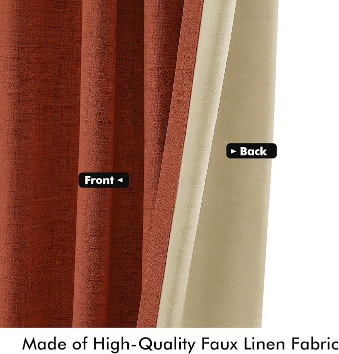 MIULEE 100% Blackout Linen Curtains for Bedroom, Burnt Orange Solid Luxury Decor Thermal Insulation Room Darkening Drapes for Living Room Back Tab Rod Pocket 42 x 72 Inches, 2 Panels