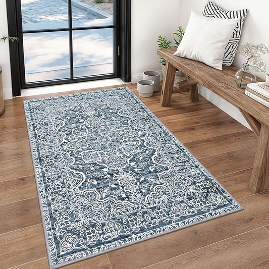 KUTA 3x5 Entryway Rug Non-Slip Washable Area Rugs, Vintage Floral Kitchen Rugs Blue White, Ultra Soft Printed Medallion Tribal Entry Low-Pile Carpet for Entrance Bedroom Nursery Dorm Décor