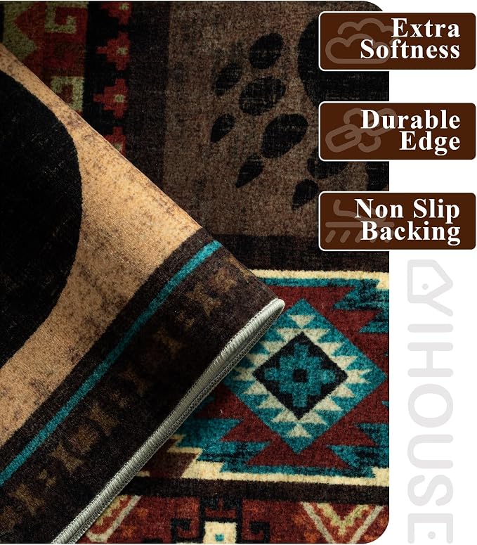 YIHOUSE Rustic Cabin Area Rug 6x9,Machine Washable Lodge Bear Rug,Non-Slip Low Pile Print Pattern Southwestern Rug for Living Room Bedroom