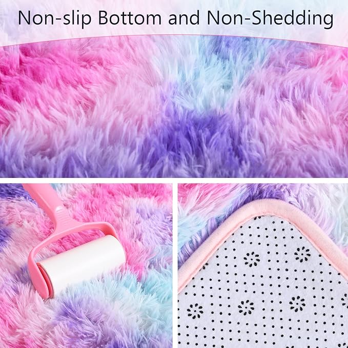AROGAN Soft Rainbow Area Rugs for Girls Room 4x6 Feet, Fluffy Bedroom Rugs, Princess Rug, Cute Colorful Carpet for Kids Teens Nursery Toddler, Hot Pink