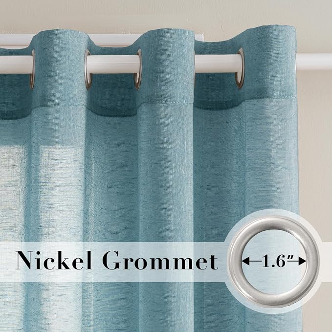 Window Treatments Linen Curtain Panels Open Weave - Natural Linen Blended Sheer Curtains with Nickel Grommet for Living Room, Privacy Assured (Turquoise, 52"W x 63"L, Set of 2)
