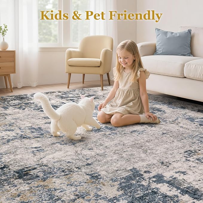 9x12 Area Rugs for Living Room - Washable Living Room Rug 9x12, Large Abstract Modern Neutral Soft Carpet with Non-Slip Backing, Stain Resistant for Bedroom Dining Indoor Decor (Blue Brown)