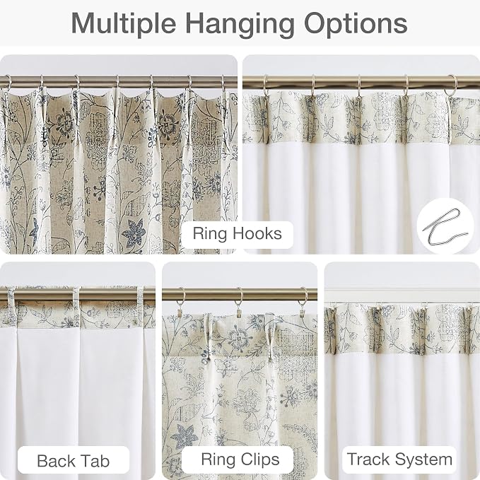 Vision Home Pinch Pleated Linen Light Filtering Curtains Blue Leaf Floral Print Window Drapes with Microfiber Liner & Back Tab Hooks for Living Room Bedroom, Farmhouse Cottagecore 40x95 Inch Set of 2