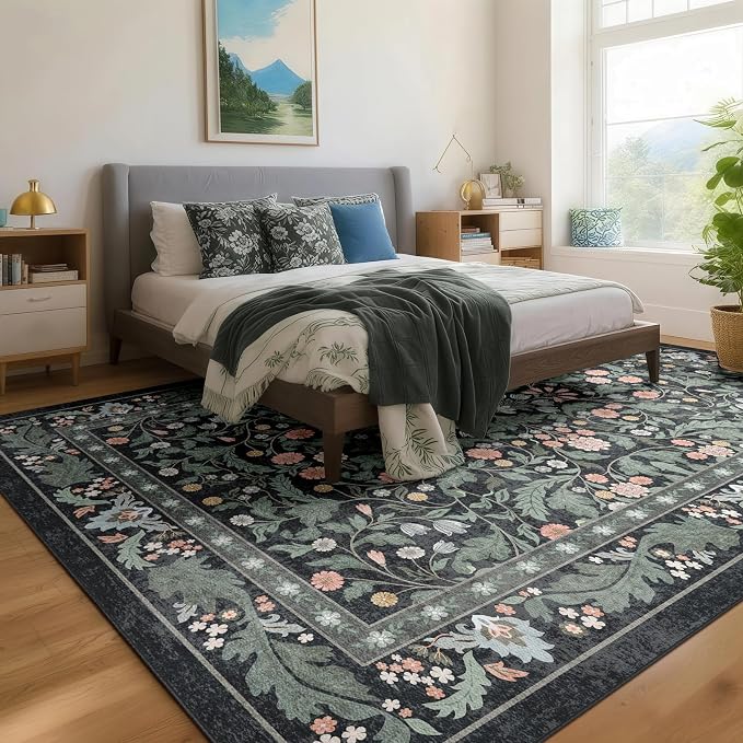Floral 5x7 Area Rugs for Living Room, Machine Washable Vintage Rug Boho Low Pile Carpets Non Slip Soft Carpet for Farmhouse Bedroom Office Rugs, Kids Room, Nursery Room, Playroom, Dark Black Green