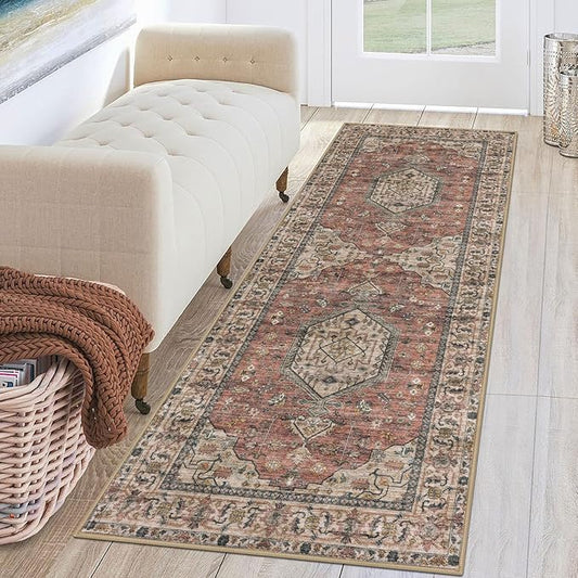 KUTA Runners for Hallways 2x6 Terracotta, Vintage Floral Kitchen Rugs Non-Slip Washable Runner Ultra Soft Printed Retro Flower Carpet Entryway Rug for Bedroom Laundry Nursery Entryways