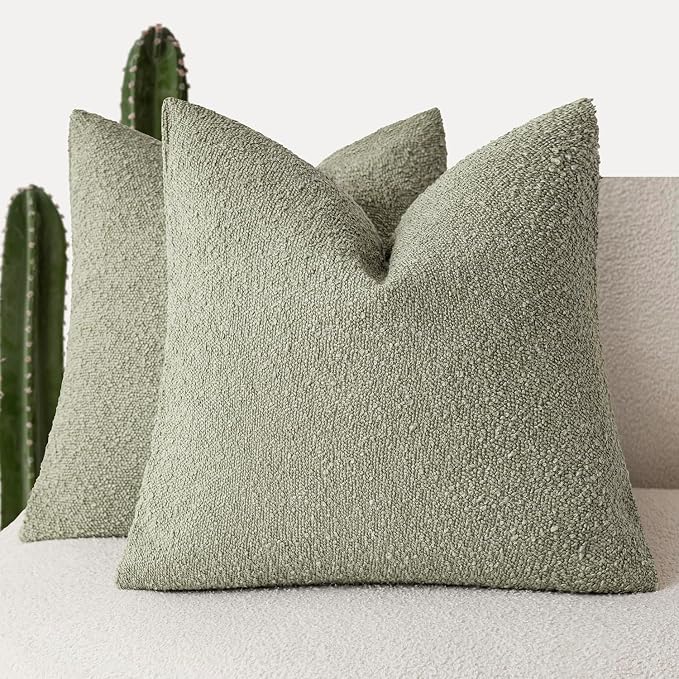 Foindtower Set of 2, Decorative Textured Boucle Throw Pillow Covers Accent Solid Pillow Cases Neutral Soft Couch Cushion Case for Chair Sofa Bedroom Living Room Home Decor 16x16 Inch Dirty Sage Green