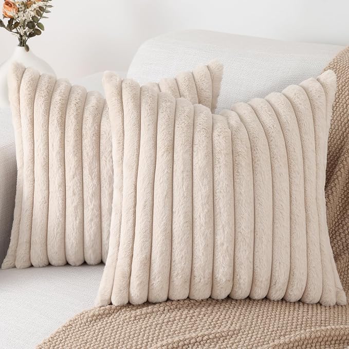 Pallene Faux Fur Plush Throw Pillow Covers 22x22 Set of 2, Luxury Soft Fluffy Striped Decorative Pillow Covers for Sofa, Couch, Living Room, Apricot
