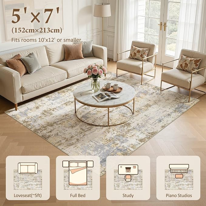 Area Rugs 5x7 Living Room: Washable Large Abstract Modern Neutral Soft Rug Stain Resistant Non-Slip Backing Carpet for Bedroom Dining Room Indoor Nursery Dorm Home Office Decor - Brown