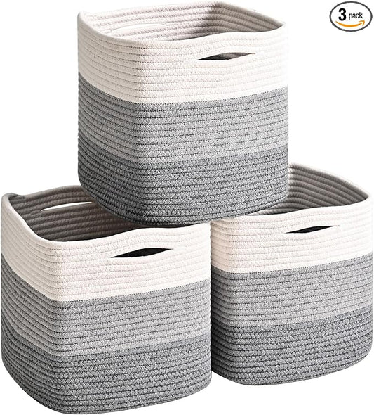 ICERZCZ 11 Inch Cube Storage Bins, Storage Cube Organizer Bins, Woven Cotton Rope Basket for Storage, Storage Baskets for Organizing Shelves, Grey Baskets for Toys, Gradient Grey (Pack of 3)