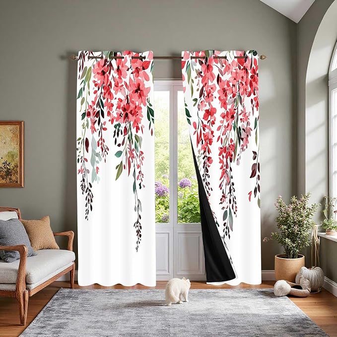 Red Watercolor Floral Curtains, Botanical Leaves Vine Flowers Curtain, Rustic Farmhouse Flower Leaf Blackout Window Treatment Drapes for Bedroom Living Room 52x96 inch, 2 Panels