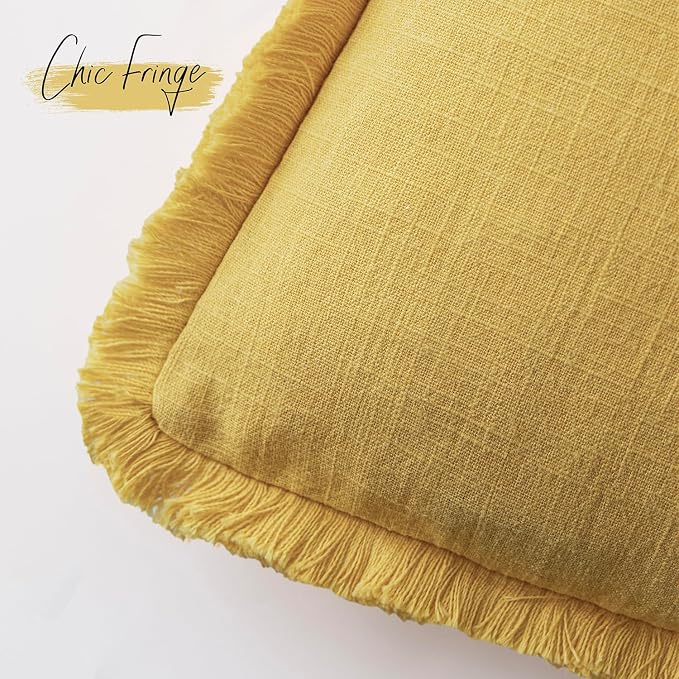 Foindtower Set of 2 Decorative Linen Fringe Throw Pillow Covers Cozy Boho Farmhouse Cushion Cover with Tassels Soft Accent Pillowcase for Couch Sofa Bed Living Room Home Decor,20×20 Inch,Ginger Yellow