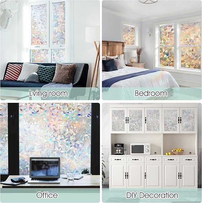 STATINT Stained Glass Privacy Film, UV Blocking Rainbow Static Cling Non-Adhesive Vinyl Stickers for Home Door Window, 29.5 Inch X 6.5 Feet