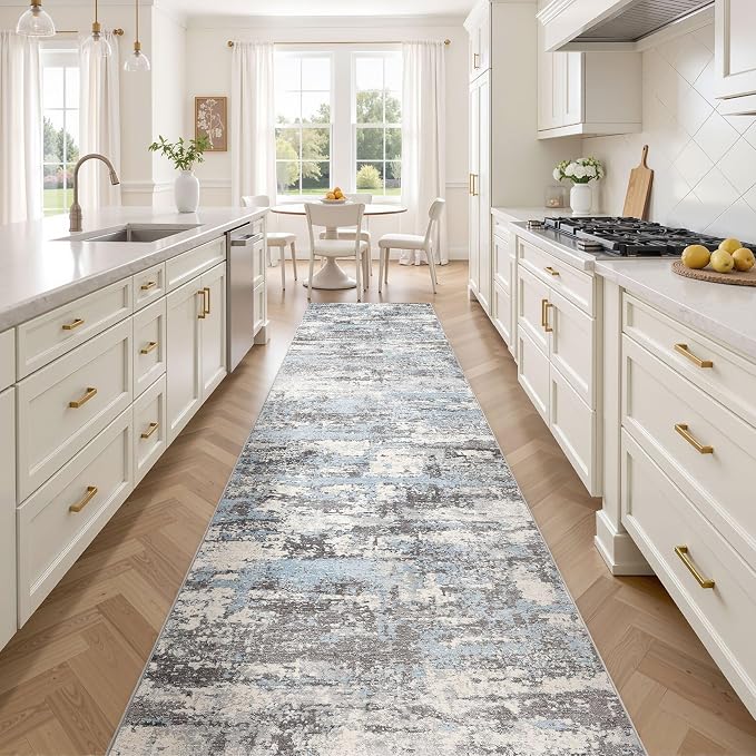 Hallway Washable Runner Rug: 3x12 Abstract Modern Soft Stain Resistant Non-Slip Backing Runner for for Entryway Kitchen Laundry - Blue Grey