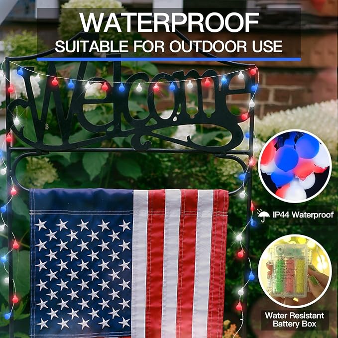 suddus 50LED Globe String Lights Battery Operated Red White and Blue Lights | Globe Lights with Timer 8 Mode, Fairy Lights for Flag, Backyard, Patio,Bedroom, Living Room Decoration