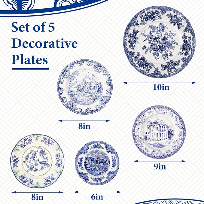 5 Pcs Coastal Vintage Ceramic Wall Plates Set, Blue and White Decoration Hanging Plates with Botanical Patterns, Holland Vintage Gifts for Wall, Home Office Art Ornament(Architecture)