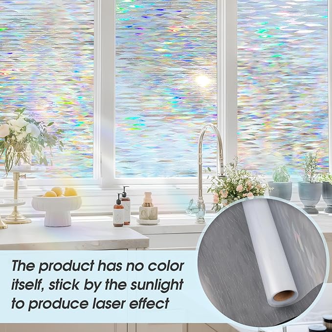 Decorative Stained Glass Window Film, Privacy Film for Glass Windows Rainbow Window Cling Colored Window Film Energy Saving, Perfect for Home and Office, Laser Rhombic, 23.6 Inch X 13.1 Feet