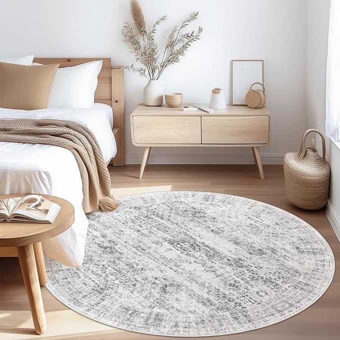 Soalmost 6x6 Grey Round Rug 6ft Living Room Circle Rug Gray Vintage Round Area Rug Non Slip Indoor Carpet for Dining Room Bedroom