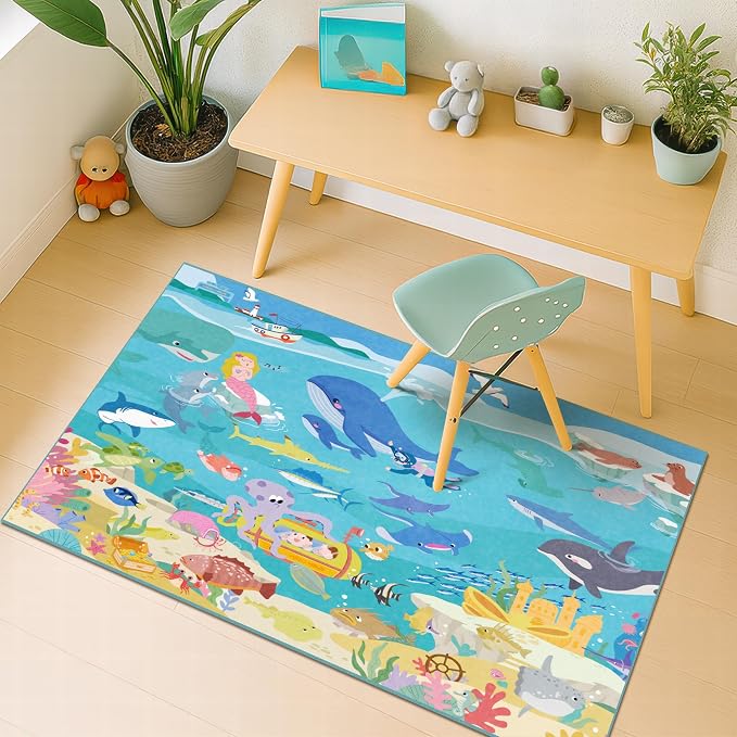 3x5 Small Kids Rug for Bedroom - Washable Soft Ocean Themed Rug for Kids Room, Bathroom and Playroom – Sea Animal Carpet for Children, Toddler, Whale Mermaid & Marine Life Educational Learning Carpet