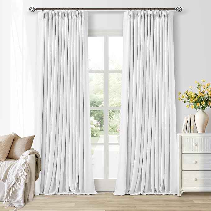 Soft White 100 Inch Floor Length Linen Blackout Curtains for Bedroom Pinch Pleated Black Out Thermal Insulated Window Drapes Light Blocking Double Layer Soundproof 100 Inch White Curtain 2 Panels