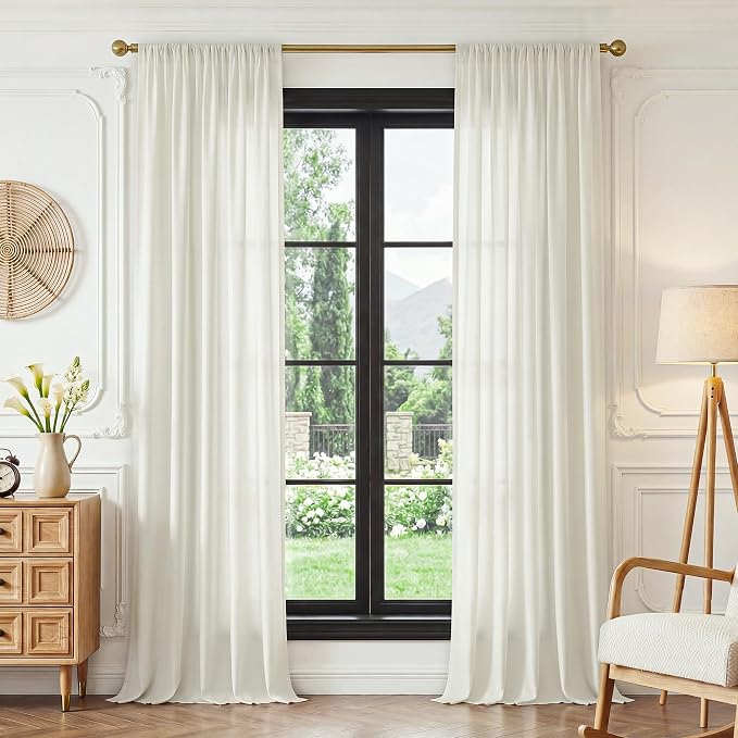 FMFUNCTEX Sheer Non-See-Through Netural Beige Curtains for Bedroom, Faux Silk That Let Light Curtains 63 inches Long Light Filtering Privacy Sheer Window Drapes for Living Room, Rod Pocket 2Panels Set