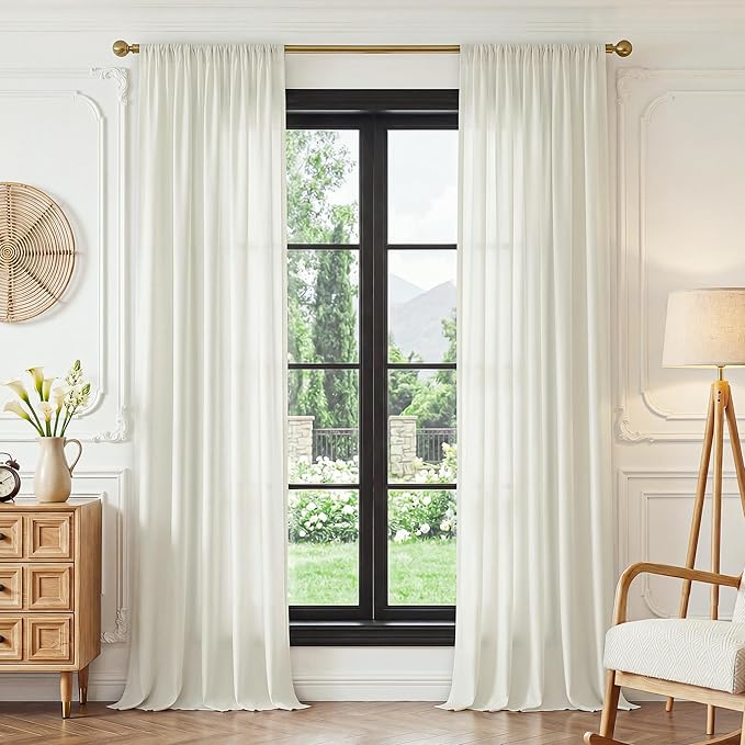 FMFUNCTEX Sheer Non-See-Through Netural Beige Curtains for Bedroom, Faux Silk that Let Light Curtains 102 inches Long Light Filtering Privacy Sheer Drapes for Living Room, Rod Pocket 2 Panels Set